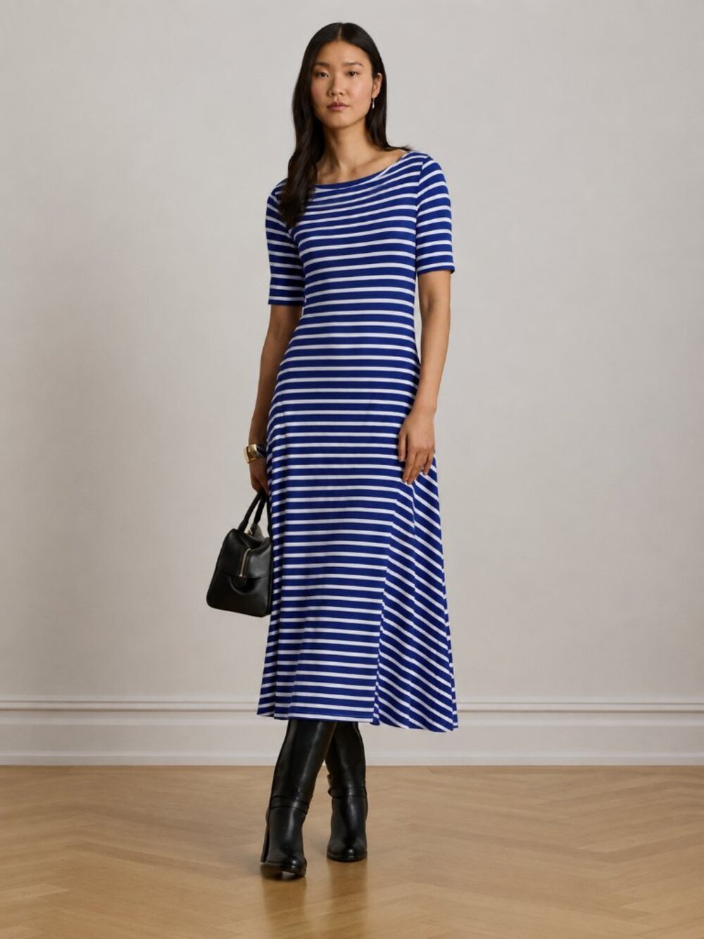 Lauren Ralph Lauren Striped Stretch Cotton Boatneck Nautical Midi Dress Large